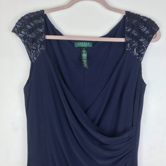 Lauren Ralph Lauren Evening Dress Maxi Navy Beaded Shoulders V-Neck Drape Sz 12 - Picture 2 of 12